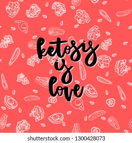 Keto diet hand drawn vector lettering. Ketosy is love quote on almond background. Healthy nutrition. Low carb diet collage black lettering. Ketogenic nutrition illustration. 