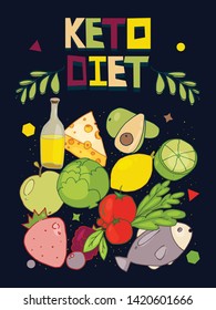 Keto diet hand drawn vector lettering with elements. Healthy nutrition colorful vector illustration. Low carb diet.
