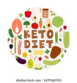Keto diet hand drawn vector illustration. Circle concept with low carbs ketogenic diet food. Healthy nutrition. Ketogenic nutrition illustration.