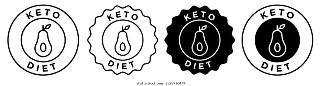 Colección de símbolos de símbolo de dieta de Keto en sello de sello de sello estilo emblema de marca para aplicación web ui. Pegatina de la etiqueta de círculo circular del vector. Comida dietética de productos alimenticios naturales orgánicos para una aptitud saludable.