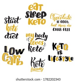 Keto diet lettering quotes set. Inspirational handwritten brush lettering. Vector calligraphy stock illustration isolated on white. Typography for banners, badges, postcard, t-shirt, prints.