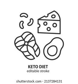 Keto diet line icon. Ketogenic diet concept vector sign. Low carbs products. Salmon, nuts, cheese, avocado symbol of healthy nutrition. Editable stroke.