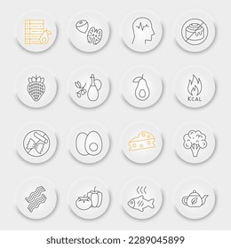 Juego de iconos de línea de dieta de Keto, colección de símbolos cetogénicos, bocetos vectoriales, botones UX de interfaz de usuario neumórfico, iconos de dieta cetogénica, signos alimentarios pictogramas lineales, trazo editable