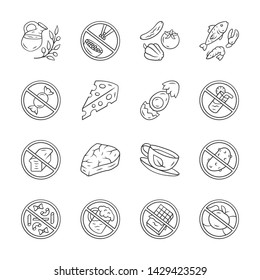 Keto diet linear icons set. Low carbs and high protein products. Thin line contour symbols. Alcohol, sugar free food. Fish, veggies, herbal drink isolated vector outline illustrations. Editable stroke