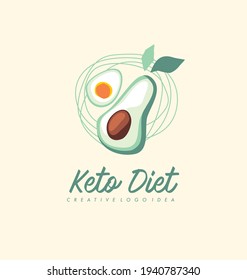 Keto diet logo design idea with boiled egg, avocado and artistic doodle lines. Food symbol. Healthy eating vector icon concept. 