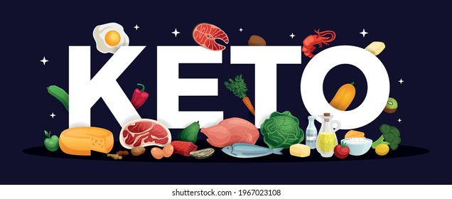 Keto Diet Logo Letters And Realistic Healthy Food On Black Background Vector Illustration