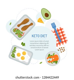Keto diet. Meal planning menu for the day. The food in the containers with text area. Flat design. Vector illustration. 