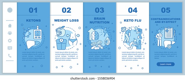 Keto diet onboarding mobile web pages template. Responsive smartphone website interface idea with linear icons. Ketogenic eating and healthy nutrition. Webpage walkthrough step screens. Color concept