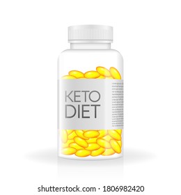 Keto Diet Pills, Great Design For Any Purpose. Food Vitamin Logo. Paleo Diet Healthy Eating Concept. Logo, Icon, Label. Isolated Background. Vector Illustration.