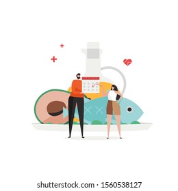 Keto diet, planning fitness vector illustration. Slim fit body people concept. Diet plan schedule, training, nutrition control and vegetables, fish, oil. Weight management, individual dietary service 