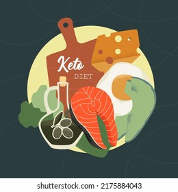 Keto diet poster template with cuting board and food. Trendy colorful flat design. Ketogenic diet vector concept. Modern retro typography illustration.