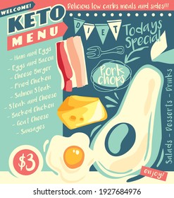 Keto Diet Restaurant Menu Design With Egg, Avocado, Cheese And Bacon. Low Carbon Food Healthy Eating Concept. Diner Menu With High Fat Food. Vector Document Template. 