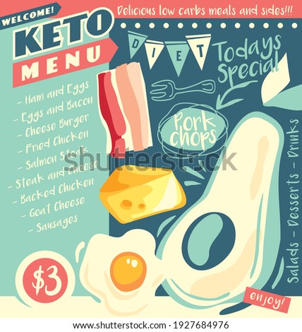 Keto diet restaurant menu design with egg, avocado, cheese and bacon. Low carbon food healthy eating concept. Diner menu with high fat food. Vector document template. 