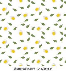 Keto diet. Seamless pattern of fresh Green lettuce, halved eggs. Light background. Can be used as packaging for healthy foods, as wrapping paper, wall art, posters. Vector illustration