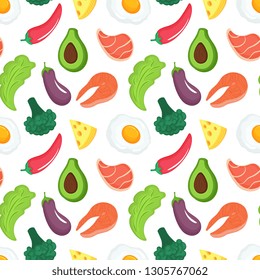 Keto diet seamless pattern. Ketogenic food with organic vegetables, meat and fish. Low carb nutrition. Paleo protein and fat.