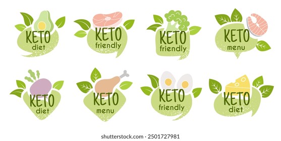 Dieta ceto. Signos de alimentos cetogénicos naturales ingredientes de verduras y grasas logotipo de Vector reciente o insignias colección