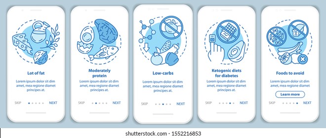 Keto diet turquoise onboarding mobile app page screen vector template. Healthy nutrition. Low carbs and lot of fat eating. Walkthrough website steps with linear icons. UX, UI, GUI smartphone interface