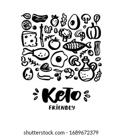 Dibujo vectorial Keto dietético. Ilustración ketogénica dibujada a mano con letras y boceto de doodle. Comida orgánica - mariscos, verduras, huevos, carne, nueces. Concepto de alimentación saludable para etiquetas, banners, plantillas