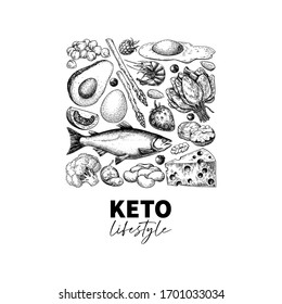 Keto diet vector drawing. Ketogenic hand drawn template. Vintage engraved sketch. Organic food - seafood, vegetables, eggs, meat, nuts. Healthy eating concept, paleo products, label, banner, packaging