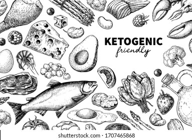 Keto diet vector drawing. Ketogenic hand drawn template. Vintage engraved sketch. Organic food - seafood, vegetables, eggs, meat, nuts. Healthy eating concept, paleo products, label, banner, packaging