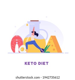 Keto diet vector illustration. Flat tiny slim fit person's body concept. Diet plan checklist, training, nutrition control and vegetables, fish, oil. Weight management, individual dietary. Cartoon design