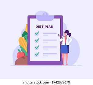 Keto diet vector illustration. Flat tiny slim fit body people concept. Diet plan checklist, training, nutrition control and vegetables, fish, oil. Weight management, individual dietary service