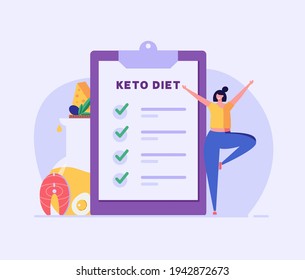 Ilustración vectorial de la dieta de Keto. El concepto de personas físicas pequeñas y planas. Lista de control del plan dietético, formación, control nutricional y verduras, pescado, aceite. Gestión del peso, servicio dietético individual
