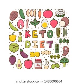 Keto diet vector illustration with line icons. Square concept with low carbs ketogenic diet food. Healthy nutrition.