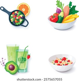 Keto Diet Vector Outline. Healthy Diet Concept Promoting Proper Nutrition through Fruits and Vegetables