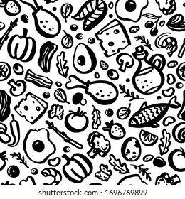 Keto diet vector seamless pattern drawing. Ketogenic hand drawn background with doodle sketch. Organic food - seafood, vegetables, eggs, meat, nuts. Healthy eating concept, paleo products