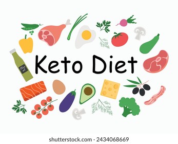 Keto diet, vegetables, proteins. Ketogenic diet food, low-carb food with a high content of healthy fats. Vector illustration.