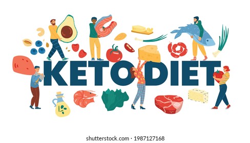 Keto Diet web banner template with tiny people at backdrop with huge lettering, cartoon vector illustration isolated on white background. Low carb keto nutrition concept.