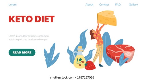 Keto diet web banner template with woman among products allowed for Ketogenic nutrition, vector illustration. Keto and low carb principles of diet and weight control.