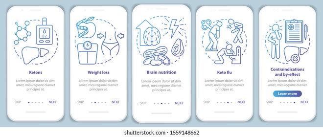 Keto diets blue onboarding mobile app page screen vector template. Ketogenic eating and healthy nutrition. Walkthrough website steps with linear illustrations. UX, UI, GUI smartphone interface concept