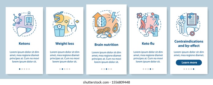 Keto diets onboarding mobile app page screen with linear concepts. Ketogenic eating and healthy nutrition walkthrough steps graphic instructions. UX, UI, GUI vector template with illustrations