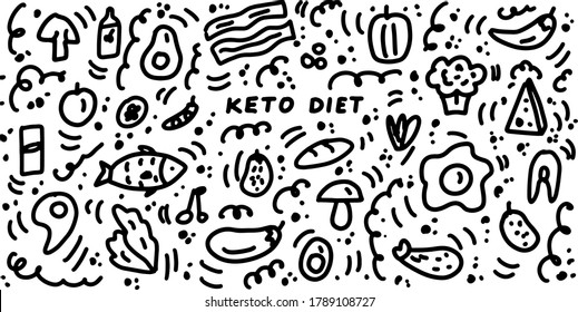 Keto doodle hand drawn illustrations. Ketogenic diet icon set. Organic food. Vector doodle illustration isolated on white background.