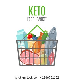 Keto food basket in flat style isolated on white background. Ketogenic diet ingredients. Healthy concept. Vector illustration.