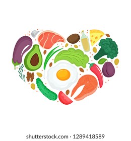 Keto food. Ketogenic diet with organic vegetables, nuts and other healthy eat. Low carb nutrition. Paleo meal protein and fat. Heart shaped banner