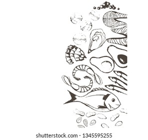 Keto food, ketogenic healthy food sketch concept illustration. Keto illustration - all food nutrients such as fish, caviar, avocado, nuts, steak. Stock Illustration