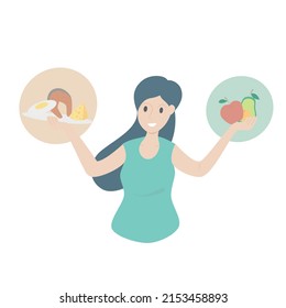 Keto food for ketogenic,Diet for weight Loss healthy nutrition,Woman holding a plate of salmon, eggs and cheese,Another hand holding apple fruit with avocado,Vector illustration.