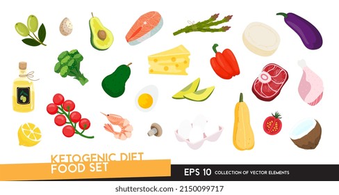 Keto foods set. Ketogenic diet basic products in flat cartoon style isolated on white background. Collection of vector illustrations of keto diet food items
