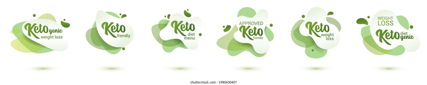 Keto frendly badge set. Green amoeba design of sticker for keto diet menu, poster, flyer