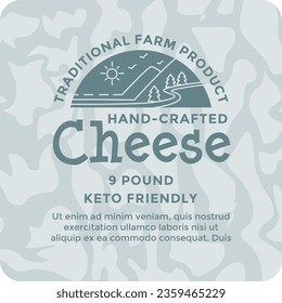 Keto friendly 9 pound hand crafted cheese, traditional farm production and diary meal. Organic and natural ingredients for eating. Product label or logotype, emblem for package. Vector in flat style