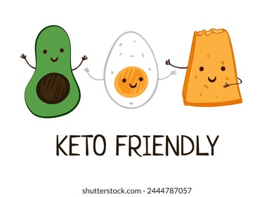 Keto friendly diet food poster with boiled egg, cheese, avocado funny characters. Cartoon illustration for greeting card, poster, sticker, t-shirt print, menu, cookbook, recipe design