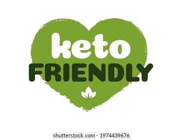 Keto friendly diet nutrition vector badge on green heart texture isolated on white background-ketogenic diet sign, keto diet menu. Vegetables icon eco friendly diet with leaves. 10 eps