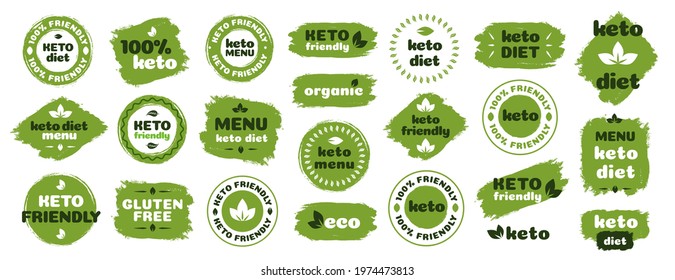 Keto friendly diet nutrition vector badge set on green organic texture isolated on white-ketogenic diet sign, keto diet menu. Vegetables icon eco friendly diet with leaves. 10 eps