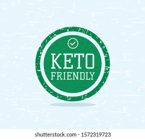 Keto friendly food product label. Diet nutrition vector rubber ketosis stamp for print on package label, wrapping, tote bags, boxes or promotional materials. Vector illustration with rough texture.