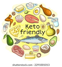 Keto friendly products for the keto diet, fats and proteins.  Low carb food for ketogenic diet. Hand drawn vector doodle illustrations.