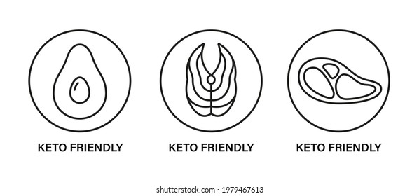 Keto friendly stamp. Healthy eating, ketogenic, paleo and low carb high fat diet icons. Avocado, tuna and meat steak. Isolated vector illustration on white background.