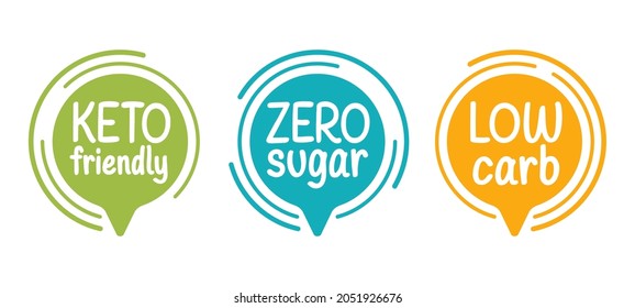 Keto friendly, Zero sugar and Low carb - Diet healthy food labeling. Isolated vector icons set